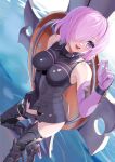  1girl absurdres armor armored_boots armored_leotard bare_shoulders black_armor boobplate boots elbow_gloves fate/grand_order fate_(series) gloves hair_over_one_eye highres mash_kyrielight mixed-language_commentary one_eye_covered open_mouth pink_hair purple_eyes purple_gloves shield short_hair smile solo user_jmtm3733 water 