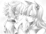  animal_ears bad_id bad_pixiv_id brooch cink-knic eye_contact greyscale head_fins imaizumi_kagerou jewelry looking_at_another monochrome multiple_girls smile touhou upper_body wakasagihime wolf_ears yuri 