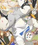  3boys absurdres ajin_(hirainaoto1) bara bear_boy birthday blurry blush bulge cake confetti depth_of_field food from_above highres large_pectorals looking_at_another male_focus midriff_peek multiple_boys muscular muscular_male navel original party pectorals plump raglan_sleeves short_hair shorts slime_(substance) stuffed_animal stuffed_toy teddy_bear thick_thighs thighs tiger_boy upside-down white_fur 