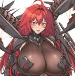  1girl absurdres ahoge arm_armor armor black_armor blush bodystocking boobplate breasts chinese_commentary cleavage commentary crossed_bangs fangs goddess_of_victory:_nikke grabbing_own_breast hair_between_eyes hair_intakes highres huge_breasts long_hair looking_at_viewer mechanical_tail nihilister_(nikke) open_mouth red_eyes red_hair rigging see-through see-through_cleavage sidelocks simple_background solo standing tail tongue tongue_out upper_body white_background yijie_xianyu 