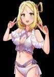 1girl absurdres bikini black_background blonde_hair blush breasts cleavage commentary double_v frilled_bikini frills hair_between_eyes hands_up highres looking_at_viewer love_live! love_live!_sunshine!! medium_breasts midriff navel ohara_mari open_mouth purple_bikini single_hair_ring solo standing swimsuit teeth upper_body upper_teeth_only v whin yellow_eyes 