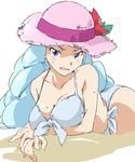  bikini blue_eyes blue_hair blush breasts happinesscharge_precure! hat hosshiwa large_breasts light_blue_hair long_hair open_mouth pink_hat precure solo straw_hat sun_hat swimsuit umanosuke 