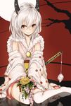  detached_sleeves flower full_moon horns japanese_clothes katana la-na looking_at_viewer moon original red_eyes reflection short_hair silver_hair sitting smile solo sword thighhighs weapon white_legwear 