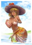  aki_minoriko bikini blonde_hair blush breasts hat highres large_breasts navel nipples open_mouth puffy_nipples sarong short_hair smile solo swimsuit tan tanline topless touhou umigarasu_(kitsune1963) wading water 