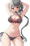  1girl armpits arms_behind_head arms_up bandaid bandaid_hair_ornament bikini black_bikini black_bow black_hair blush bow double_bikini ear_piercing grey_hair hair_bow hair_ornament highres hololive kogarashi_tobi looking_at_viewer medium_hair mouth_hold multicolored_hair navel piercing red_bikini red_eyes sakamata_chloe smile solo streaked_hair swimsuit virtual_youtuber x_hair_ornament 