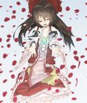  adapted_costume alternate_costume blurry bow brown_hair closed_eyes crescent depth_of_field hair_bow hair_ornament hair_ribbon hair_tubes hakurei_reimu highres jewelry la-na long_hair looking_at_viewer open_mouth pendant petals reaching ribbon smile solo touhou 