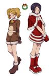  2girls alternate_costume animal_costume aoi_(yooo009) bell blonde_hair blush boots bow brown_footwear brown_shorts capelet christmas christmas_wreath closed_mouth cowbell dress full_body fur-trimmed_boots fur-trimmed_capelet fur-trimmed_dress fur-trimmed_gloves fur_trim gloves highres kitora_ai kuroe_futaba long_hair multiple_girls navel parted_bangs purple_hair red_dress red_eyes red_footwear red_gloves reindeer_costume santa_capelet santa_costume santa_gloves short_dress short_hair shorts simple_background skirt standing twintails white_background world_trigger wreath 