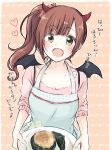  1girl :d apron baran._(ba_ra_ran) border breasts brown_hair cleavage collarbone demon_horns demon_wings eighth_note fake_horns fake_wings gratin green_apron green_eyes hair_ornament hair_scrunchie happy_halloween heart highres holding holding_plate horns idolmaster idolmaster_cinderella_girls igarashi_kyoko looking_at_viewer medium_breasts musical_note notice_lines open_mouth orange_background pink_scrunchie pink_shirt plate scrunchie shirt side_ponytail sidelocks sleeves_rolled_up smile solo spoken_musical_note striped_background translation_request upper_body white_border wings 