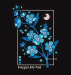  black_background blue_flower blue_theme branch color_guide crescent_moon emily_kim flower flower_focus forget-me-not_(flower) highres limited_palette moon no_humans original simple_background sparkle 