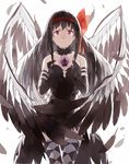  akemi_homura akuma_homura argyle argyle_legwear bad_id bad_pixiv_id bare_shoulders black_gloves black_hair black_wings bow choker crying crying_with_eyes_open dark_orb_(madoka_magica) dress elbow_gloves feathered_wings feathers gloves hair_bow hair_ornament long_hair looking_at_viewer mahou_shoujo_madoka_magica mahou_shoujo_madoka_magica_movie nine_(liuyuhao1992) parted_lips purple_eyes simple_background solo tears thighhighs white_background wings zettai_ryouiki 