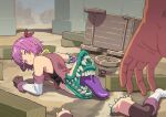  1boy 1girl bisected blurry blurry_foreground boots colored_tongue detached_sleeves disembodied_limb english_commentary extra_mouth gloves highres looking_back monster_girl on_ground original outdoors purple_eyes purple_hair purple_tongue saliva sharp_teeth solo_focus teeth thighhighs tongue tongue_out torn_clothes vanillaklein wagon wheel white_footwear wood 