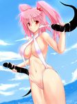  bikini breasts cum day ejaculation highres large_breasts long_hair looking_at_viewer navel onozuka_komachi penis pink_hair rokushiru_(muzai-p) slingshot_swimsuit smile solo swimsuit touhou white_bikini 