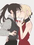  2girls backless_dress backless_outfit bare_arms black_hair black_ribbon black_vest blonde_hair closed_eyes collar collared_shirt commentary_request dress grey_background grey_shirt hair_ribbon hair_up hand_on_another&#039;s_waist inoue_takina kiss long_hair long_sleeves lycoris_recoil multiple_girls necktie necktie_grab neckwear_grab nishikigi_chisato ponytail purple_eyes red_dress red_necktie ribbon shiratama_draw shirt simple_background sleeveless sleeveless_dress upper_body vest yuri 