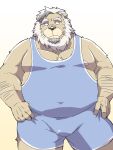 2024 anthro beard belly big_belly emufu facial_hair felid hi_res humanoid_hands kemono lion male mammal mature_male moobs nipples overweight overweight_male pantherine simple_background solo white_background wrestling_singlet