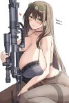  1girl bare_arms between_breasts black_bra black_choker black_pantyhose blush bolt_action bra breasts brown_hair cheytac_m200 choker cleavage commentary_request curvy eyewear_on_head green_eyes grin gun hair_between_eyes heart highres huge_breasts keenh long_hair navel original pantyhose rifle scope simple_background smile sniper_rifle solo sunglasses teeth underwear weapon white_background 