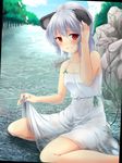 alternate_costume animal_ears blush dress highres looking_at_viewer mouse_ears mouse_tail nazrin nnyara red_eyes river short_hair silver_hair sitting solo tail touhou wariza water wet wet_clothes wet_dress white_dress 