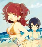  2girl 2girls beach bikini blue_hair breasts drink kujikawa_rise multiple_girls persona persona_4 red_hair shirogane_naoto short_hair swimsuit twintails wink 