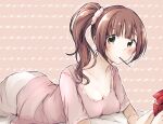  1girl baran._(ba_ra_ran) blush box breasts brown_background brown_hair cleavage collarbone downblouse food hair_ornament hair_scrunchie highres holding holding_box idolmaster idolmaster_cinderella_girls igarashi_kyoko looking_at_viewer lying medium_breasts mouth_hold no_bra on_stomach pink_scrunchie pink_shirt pocky scrunchie shirt side_ponytail solo white_shirt yellow_eyes 