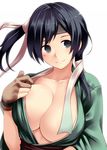  black_hair blue_eyes blush breasts cleavage gloves hair_ribbon headband highres japanese_clothes kantai_collection large_breasts partly_fingerless_gloves ribbon short_hair side_ponytail simple_background single_glove smile solo souryuu_(kantai_collection) tro twintails white_background yugake 