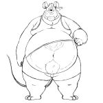  2024 anthro belly big_belly biped bottomwear clothed clothing clothing_lift grounhounse hi_res male mammal mouse murid murine navel overweight overweight_male rodent shirt shirt_lift shorts simple_background solo topwear white_background 