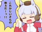  1girl animal_ears blush_stickers bow brown_hat chibi closed_eyes ear_bow ear_covers facing_viewer gold_ship_(umamusume) gomashio_(goma_feet) grey_hair hand_up hat horse_ears jacket long_hair long_sleeves mini_hat open_mouth puffy_long_sleeves puffy_sleeves purple_bow red_jacket sleeves_past_wrists solo track_jacket translation_request umamusume upper_body very_long_hair wavy_mouth yellow_background 