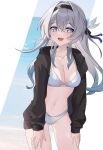  1girl :d absurdres alternate_costume arm_support bikini black_jacket breasts cleavage commentary_request firefly_(honkai:_star_rail) grey_hair hair_between_eyes hairband highres honkai:_star_rail honkai_(series) hood hooded_jacket jacket leaning_forward long_hair long_sleeves looking_at_viewer maxwelzy navel ocean open_clothes open_jacket purple_eyes sidelocks simple_background smile solo stomach swimsuit white_bikini 
