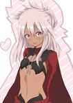  blush chloe_von_einzbern dark_skin fate/kaleid_liner_prisma_illya fate_(series) long_hair midriff navel noa_(nagareboshi) open_mouth red_eyes silver_hair smile solo white_hair 