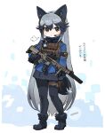  1girl animal_ears armband assault_rifle black_armband black_footwear black_gloves black_hair black_pantyhose black_skirt blue_jacket boots brown_eyes cellien_(kemono_friends) chest_rig colored_tips commentary_request digital_dissolve extra_ears foregrip fox_ears fox_girl fox_tail full_body fur-trimmed_boots fur_trim gloves grey_hair gun headphones_for_animal_ears headset highres holding holding_gun holding_weapon jacket kemono_friends long_hair long_sleeves looking_at_viewer multicolored_hair optical_sight pantyhose pleated_skirt puff_of_air rifle sigh silver_fox_(kemono_friends) simple_background skirt solo spawnfoxy standing suppressor tail thigh_strap translation_request very_long_hair weapon white_background 