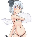  bikini black_bikini blue_eyes flat_chest hair_rings konpaku_youmu konpaku_youmu_(ghost) looking_at_viewer micro_bikini miyo_(ranthath) navel short_hair side-tie_bikini silver_hair solo swimsuit sword touhou weapon 