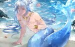 1boy armlet beach bishounen blue_hair blue_scales bracelet character_request commentary_request eve_(hellodolphin93633) fins flower full_body h hair_between_eyes hand_up head_fins highres holding holding_shell jewelry long_hair looking_at_viewer male_focus merman monster_boy necklace nipples original outdoors parted_lips red_eyes red_flower rock sand scales seashell shell shore solo the_tale_of_food very_long_hair water wet wet_hair 