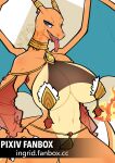 anthro big_breasts bottomwear breasts charizard clothed clothing digital_media_(artwork) female generation_1_pokemon jewelry looking_at_viewer membrane_(anatomy) membranous_wings navel nintendo open_mouth orange_body pokemon pokemon_(species) simple_background skimpy skimpy_bikini smile snow_angel_(artist) solo swimwear thick_thighs tongue wide_hips wings