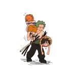  1girl 2boys anger_vein angry bandana bandana_around_arm black_bandana carrying carrying_multiple_people carrying_over_shoulder carrying_person carrying_under_arm feet_out_of_frame flying_sweatdrops green_hair haramaki hat monkey_d._luffy multiple_boys nami_(one_piece) one_piece orange_hair roronoa_zoro scar scar_on_cheek scar_on_face short_hair sideburns simple_background simplebeam straw_hat sword triple_wielding weapon white_background 