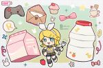  1girl :3 anmyu battery_indicator belt black_shorts black_sleeves black_socks blonde_hair blue_eyes blush_stickers bow chibi coffee_mug controller cup detached_sleeves facebook_logo flower food fruit game_controller hair_bow hair_ornament hair_ribbon hairclip hand_on_own_hip holding holding_spork kagamine_rin letter light_blush looking_at_viewer milk_carton mug neckerchief number_tattoo open_mouth outline pink_bow pink_ribbon popsicle ribbon shirt short_hair shorts shoulder_tattoo socks solo sparkle star_(symbol) strawberry tattoo twitter_logo twitter_username vocaloid white_flower white_footwear white_outline white_shirt x yakult yellow_belt yellow_neckerchief 