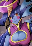  1girl blue_hair blue_skin blurry blurry_foreground blush_stickers breasts cleavage cleavage_cutout clothing_cutout colored_skin commentary dated dress gradient_background hat jiangshi large_breasts lei_lei long_hair looking_at_viewer mariebell purple_dress purple_hat signature smile solo talisman vampire_(game) 