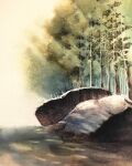  dappled_sunlight day forest highres nature no_humans original painting_(medium) rock scenery shadow shimizu_megumi_(m_acquerello) sunlight traditional_media tree tree_shade watercolor_(medium) 
