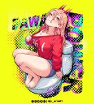  1girl breasts chainsaw_man feet jk_arts large_breasts medium_hair pink_hair power_(chainsaw_man) red_shirt shirt shorts sitting teeth toilet yellow_eyes 