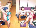  1boy 2girls aqua_one-piece_swimsuit armpits bikini black_hair blue_eyes blue_hair blunt_bangs breasts cleavage clothing_cutout computer demon_girl demon_horns food food_on_body food_on_breasts frown glass green_hair highres holding holding_notebook horns indoors laptop large_breasts long_hair lv1_maou_to_one_room_yuusha maou_(lv1_maou_to_one_room_yuusha) max_(lv1_maou_to_one_room_yuusha) multi-strapped_bikini_bottom multi-strapped_bikini_top multiple_girls navel navel_cutout necktie notebook official_art one-piece_swimsuit orange-framed_eyewear orange_necktie pink_bikini pointy_ears popsicle purple_eyes short_hair skirt split standing standing_on_one_leg standing_split swimsuit tongue tongue_out underboob unworn_necktie unworn_shirt unworn_skirt unworn_swimsuit watanabe_yoshihiro wooden_floor zenia_(lv1_maou_to_one_room_yuusha) 