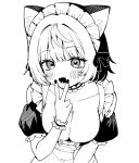  1girl :d animal_ear_fluff animal_ears apron blush breasts cat_ears center_frills cleavage collarbone commentary_request dress frilled_apron frills greyscale hair_intakes hand_up looking_at_viewer maid maid_headdress medium_breasts monochrome nail_polish original puffy_short_sleeves puffy_sleeves seramikku short_sleeves simple_background smile solo v_over_mouth white_background wrist_cuffs 