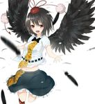  :d black_hair black_wings blurry depth_of_field feathered_wings feathers hat la-na looking_at_viewer navel open_mouth outstretched_arms pom_pom_(clothes) red_eyes shameimaru_aya short_hair smile solo spread_arms tokin_hat touhou wings 