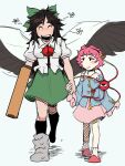  2girls arm_cannon bird_wings black_hair black_hairband black_socks black_wings blue_shirt bow buttons cape closed_eyes closed_mouth collared_shirt control_rod eyeball flower frilled_shirt_collar frilled_sleeves frills full_body green_bow green_skirt hair_bow hair_ornament hairband heart heart_button heart_hair_ornament height_difference highres komeiji_satori long_hair long_sleeves looking_at_another looking_to_the_side messy_hair multiple_girls open_mouth pink_footwear pink_hair pink_skirt reiuji_utsuho shirt short_hair simple_background skirt slippers smile socks taco_touhou teeth third_eye touhou upper_teeth_only walking weapon white_background white_cape white_shirt wings 