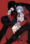  1girl alucard_(hellsing) black_hair blue_hair colored_eyelashes crossover drooling gloves hellsing highres kumonji_aruto long_hair low_wings open_mouth pentagram pointy_ears red_background remilia_scarlet short_hair sitting sleeping touhou vampire white_gloves wings wrist_cuffs 