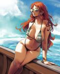  1girl artist_name bikini blue_sky breasts cloud collaboration collarbone day earrings english_commentary green_bikini jewelry large_breasts lips long_hair miss_faves nami_(one_piece) navel ocean on_railing one_piece orange_hair outdoors pearl_earrings railing shoulder_tattoo sidelighting sky solo sunglasses sunlight swimsuit tattoo two-tone_bikini white_bikini 