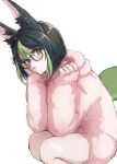  1boy alternate_costume animal_ear_fluff animal_ears bespectacled black_hair blush fox_boy fox_ears fox_tail genshin_impact glasses green_eyes green_hair hair_between_eyes highres hood hood_down hoodie long_sleeves male_focus multicolored_hair otanpopo1208 parted_lips pink_hoodie simple_background sleeves_past_wrists solo squatting tail tighnari_(genshin_impact) white_background 