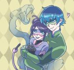  1boy 1girl blue_eyes blue_hair bodysuit double_bun green_bodysuit green_mask grey_bodysuit grey_mask hair_bun heart highres hinageshi2021 hug hug_from_behind luka_couffaine marinette_dupain-cheng miraculous_ladybug mouse_girl multimouse_(character) slit_pupils snake snake_boy superhero_costume tail upper_body 