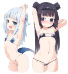  2girls :d armpits arms_up bare_arms bare_shoulders bikini black_bikini black_hair blue_bikini blue_eyes blue_hair blue_nails blush breasts closed_mouth collarbone commentary_request covered_nipples double_bun eyepatch_bikini fins fish_tail gawr_gura groin hair_bun hair_ornament highres hololive hololive_english homura_subaru long_hair looking_at_viewer micro_bikini multicolored_hair multiple_girls nail_polish navel ninomae_ina&#039;nis purple_eyes shark_girl shark_tail sharp_teeth simple_background small_breasts smile streaked_hair swimsuit tail teeth two_side_up very_long_hair virtual_youtuber white_background 
