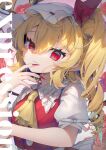  1girl ascot blonde_hair commentary english_commentary english_text flandre_scarlet frilled_shirt_collar frills gunjou_row hat long_hair long_sleeves looking_at_viewer mob_cap nail_polish pointy_ears red_eyes short_sleeves side_ponytail slit_pupils solo touhou 