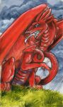 ambiguous_gender claws dragon european_mythology fangs grass heather_bruton horn membrane_(anatomy) membranous_wings mythological_creature mythological_scalie mythology plant red_body red_scales scales scalie solo teeth tongue tongue_out welsh_dragon western_dragon wings