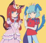  1boy 1girl animal_ears blue_hair bracelet cape cat_ears cat_tail crown dress earrings elbow_gloves fq75017 gloves gold_bracelet highres jewelry kemonomimi_mode leggings looking_at_viewer mario_(series) pink_dress pink_gloves prince_haru princess_shokora puffy_short_sleeves puffy_sleeves red_hair red_tunic short_sleeves simple_background smile super_mario_bros.:_peach-hime_kyushutsu_dai_sakusen! tail wario_land wario_land_4 yellow_background 