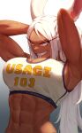  1girl abs adjusting_hair animal_ears armpits arms_behind_head arms_up artist_name bare_shoulders boku_no_hero_academia breasts cleavage clothes_writing corrupted_twitter_file dark-skinned_female dark_skin english_commentary hair_tie hair_tie_in_mouth highres large_breasts long_eyelashes long_hair mirko mouth_hold muscular muscular_female navel parted_bangs rabbit_ears rabbit_girl red_eyes shibarinsfw smile solo sports_bra stomach sweat teeth upper_body very_long_hair white_hair white_sports_bra 