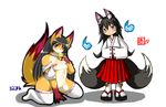  band-aid bell blush brown_eyes canine chubby collaboration collar duo female flat_chested fox kneeling legwear mammal markings multiple_tails plain_background socks_(marking) stockings white_background wide_hips ymbk 